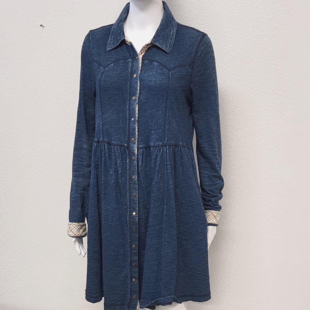 Free People Denim Knit Shirt Dress Tunic Indigo Size M